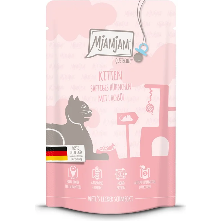MjAMjAM Quetschie Kitten, saftiges Hühnchen mit Lachsöl, 12x125g Katzen-Nassfutter