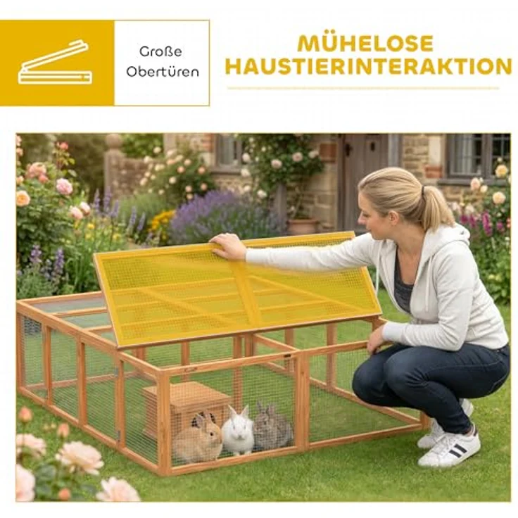 PawHut Kleintierstall Kaninchenstall für 2-4 Zwergkaninchen, Holz mit 2 Türen, Unterschlupfhaus, 180,4x150x48 cm, Orange – Bild 4