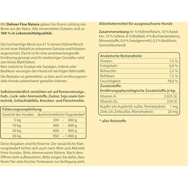 Dehner Fine Nature Hundefutter, Nassfutter in Lebensmittelqualität für ausgewachsene Hunde, Huhn mit Karotten und Brokkoli, 6 x 800 g Dose (4.8 kg) – Bild 5