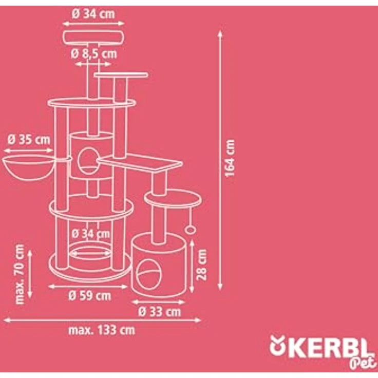 KERBL Kratzbaum Annika, 164 cm hoch, beige, mit Sisal umwickelt, inkl. gepolsterten Liegebetten und Höhlen für Katzen – Bild 7