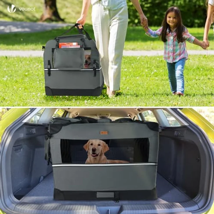 VOUNOT Faltbare Hundebox, Transportbox für Katzen und Hunde, Atmungsaktiv, Oxford-Gewebe, Metallrahmen, 82x60x60cm XL, Grau – Bild 3