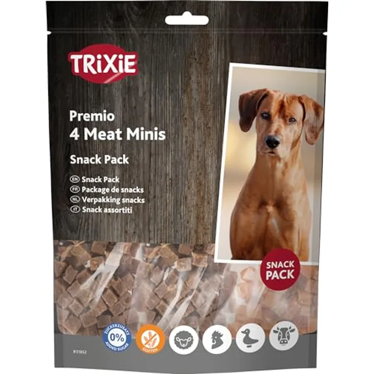 TRIXIE PREMIO 4 Meat Minis, Hundeleckerli mit Huhn/Ente/Rind/Lamm, ohne Zuckerzusatz und Gluten, 4 x 100 g