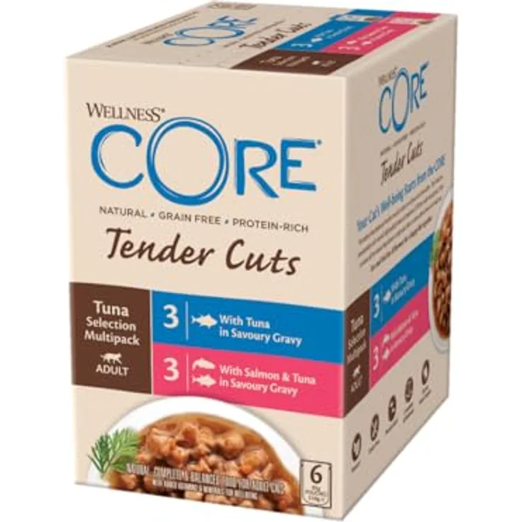 Wellness CORE Tender Cuts Thunfisch Selection Mix, Premium Nassfutter für Katzen, 6 x 85 g, getreidefrei, ohne Zuckerzusatz, hoher Fleischanteil in Sauce