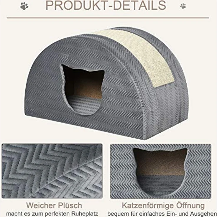 PawHut Katzenhöhle mit Kratzbrett, Sisal Katzenbett und Kratzhaus, grau, 48,5 x 30 x 30 cm, stabil und weich gepolstert – Bild 3