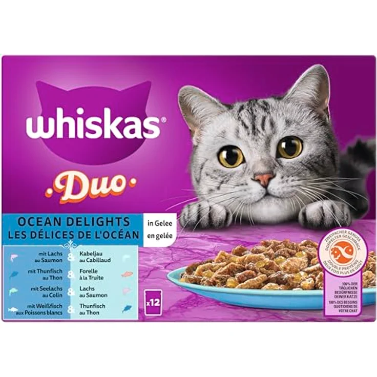 WHISKAS Duo Nassfutter Portionsbeutel Multipack, Ocean Delights in Gelee, 12 x 85g, mit vier Fischkombinationen und 100% täglichem Nährstoffbedarf – Bild 1