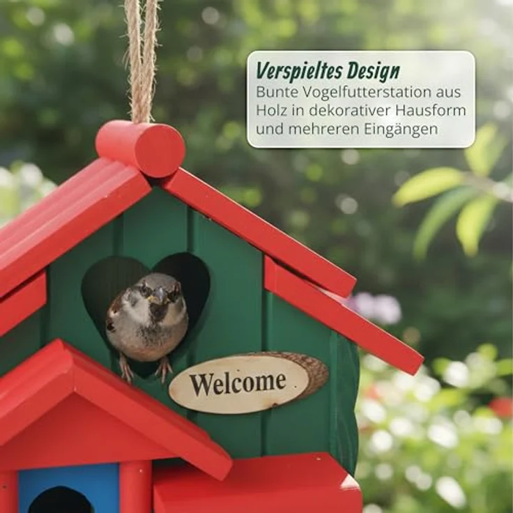Relaxdays Deko Vogelhaus, Landhausstil, Holz, HBT 21 x 20 x 13,5 cm, mehrfarbige Vogelvilla zum Aufhängen für Garten – Bild 5