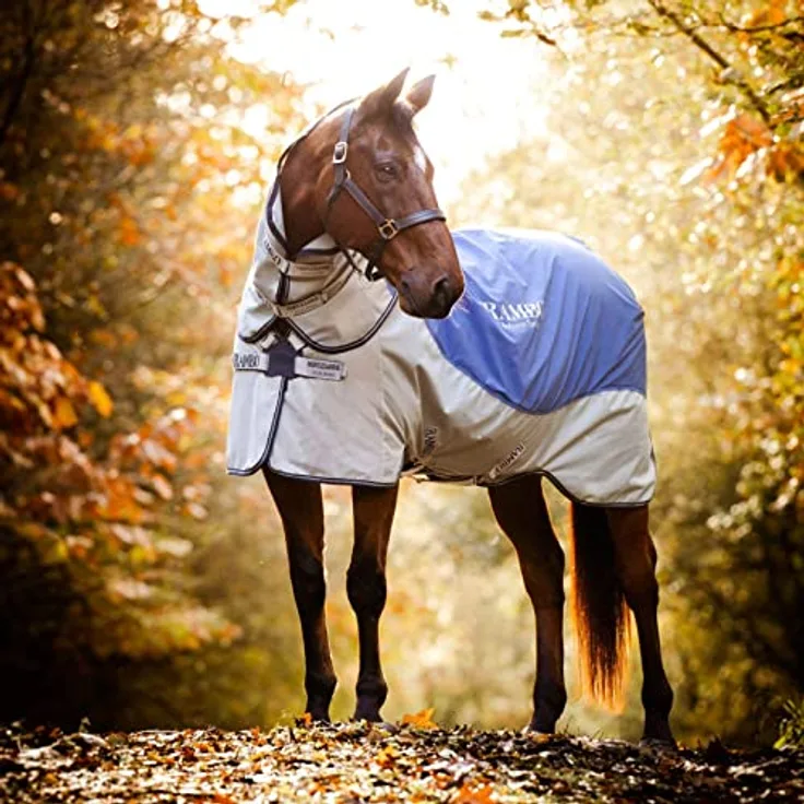 Horseware Rambo Herbst-Serie Weidedecke 0 g Lite, 100 g Konturschnitt, Kapuze, Größe 87, Marineblau/Grau