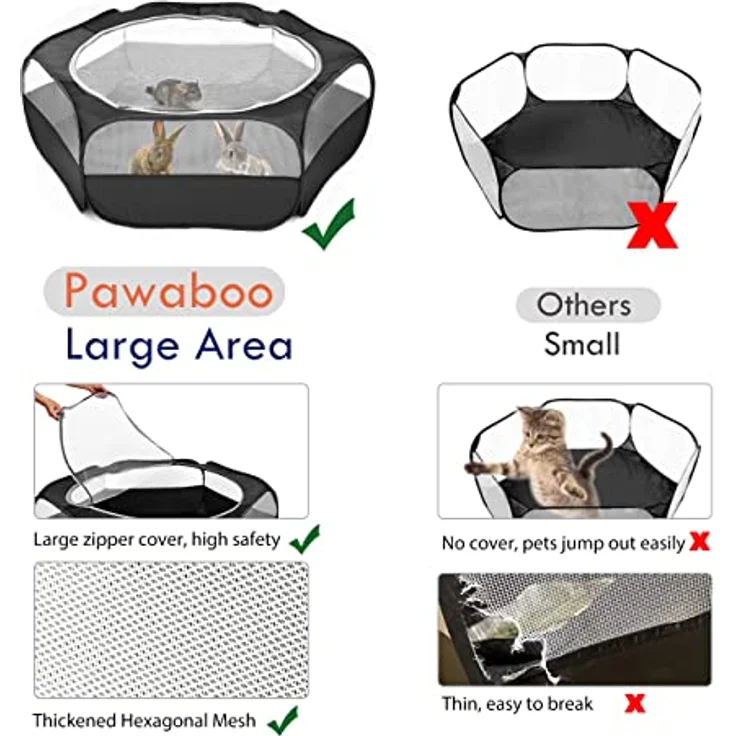 Pawaboo Kleintiere Freigehege, Wasserdicht Faltbar für Kaninchen, Hühner und Welpen, 133 cm x 38 cm, Visuell Laufstall mit Netz und Nylonboden, Schwarz – Bild 3