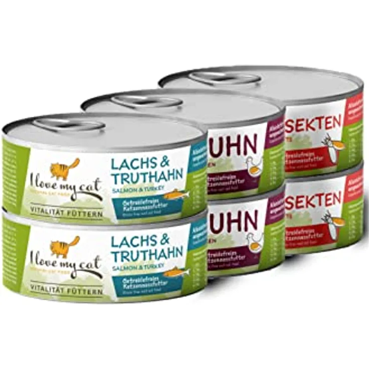 I Love My Cat Starter-Paket, Katzen-Nassfutter mit Huhn, Insekten, Lachs und Truthahn, 6x100g, getreidefrei und ohne künstliche Zusätze