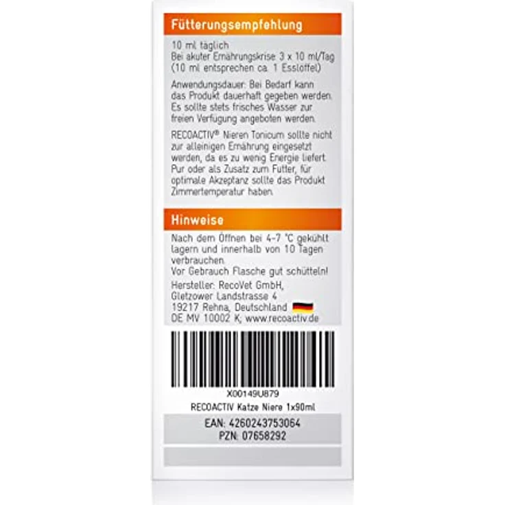 RECOACTIV Nieren Tonicum für Katzen, flüssiges Ergänzungsfuttermittel mit hochwertigem Protein, 90 ml, zur Unterstützung der Nierenfunktion und Appetitsteigerung – Bild 4