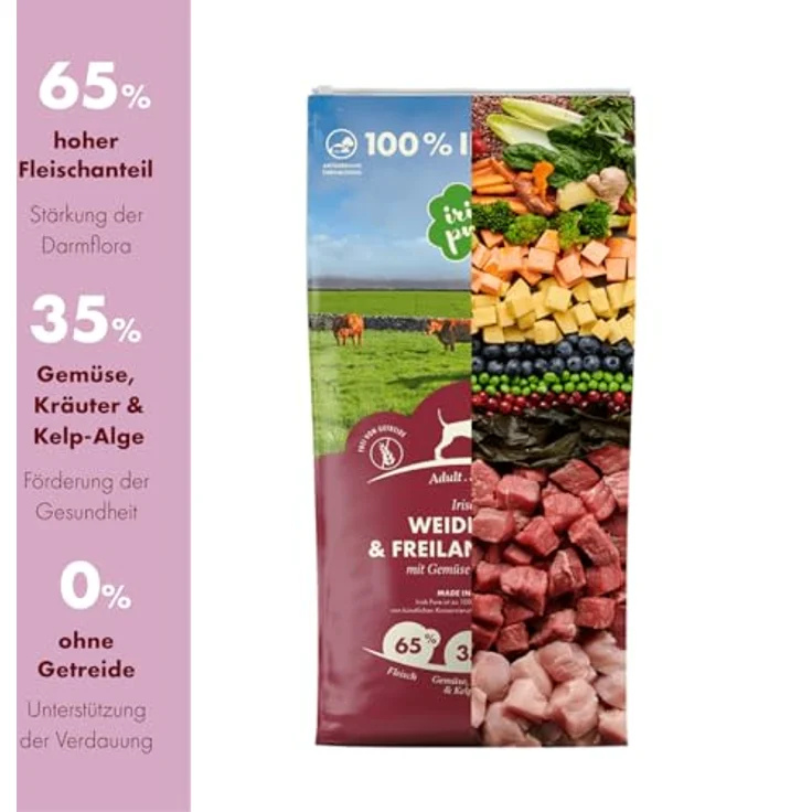 Irish Pure Trockenfutter Adult, 4kg, Weiderind & Freiland-Huhn mit Kelp-Alge, hoher Fleischanteil, getreidefrei, sensitiv, für alle Rassen – Bild 2