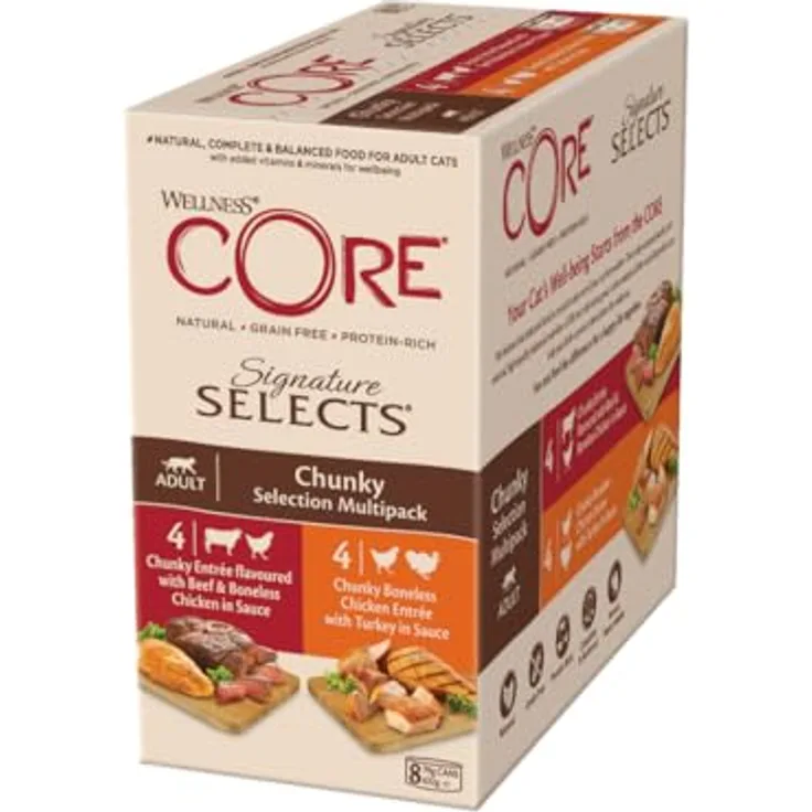 Wellness CORE Signature Selects Chunky Selection Mix, 8 x 79 g, Premium Nassfutter für Katzen in Sauce, getreidefrei, ohne Zuckerzusatz, hoher Fleischanteil