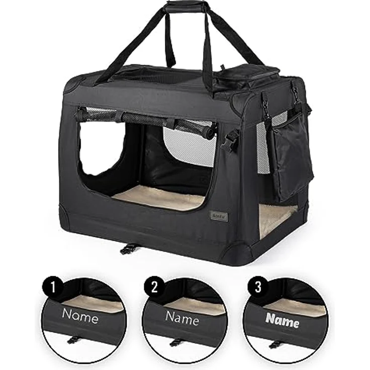 lionto Hundetransportbox faltbar, 70x52x50 cm, stabile Transportbox mit Griffen, Decke und Namensaufdruck für Hunde & Katzen bis 15 kg, schwarz – Bild 1