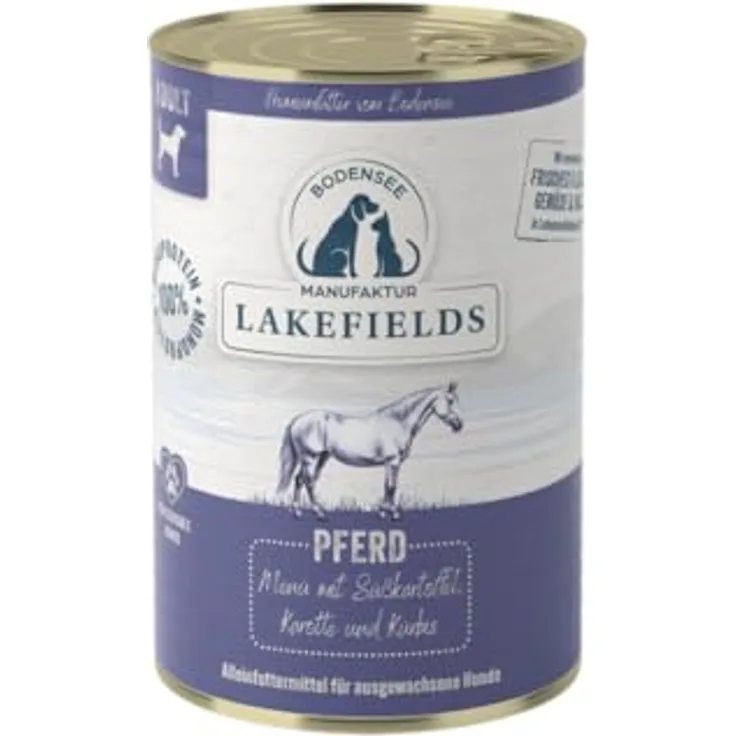 Lakefields Premium Hundefutter Nass, Pferd 60%, 6x400g, getreidefreies Nassfutter mit Süßkartoffeln, Karotte und Kürbis, schonend gegart, natürliche Zutaten in Lebensmittelqualität
