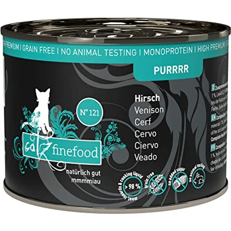 catz finefood Purrrr Hirsch Monoprotein Katzenfutter nass N° 121, 70% Fleischanteil, für ernährungssensible Katzen, 6 x 200g Dose