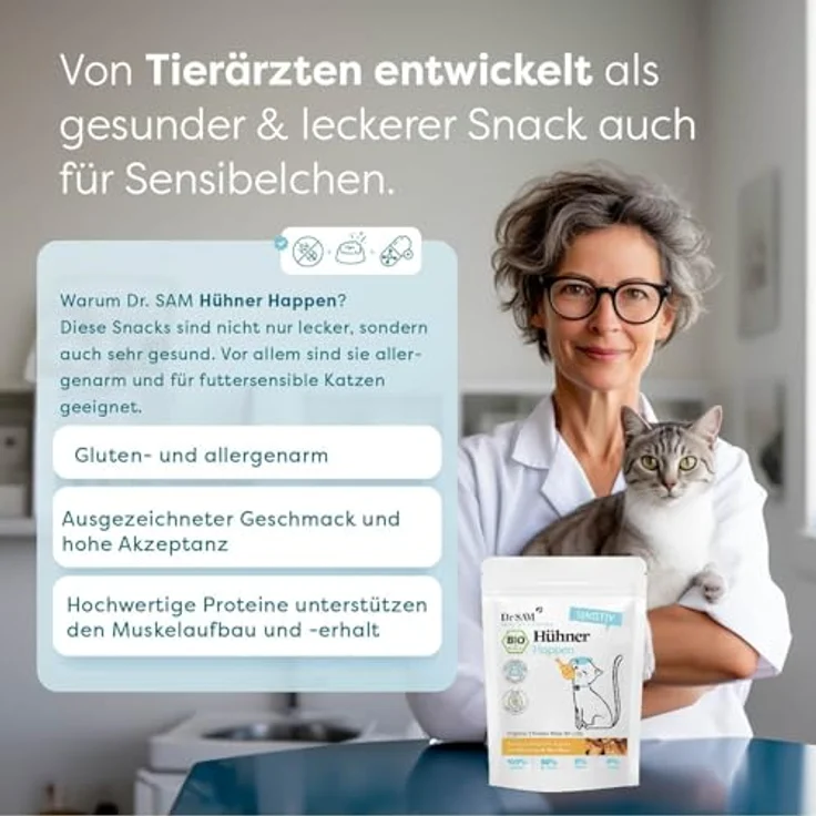 Dr. SAM Hühner Happen für Katzen, gesunde Snacks für Haut & Fell, mit Hirsemehl, Kokosmehl & Leinsamen, glutenfrei, 80g – Bild 5