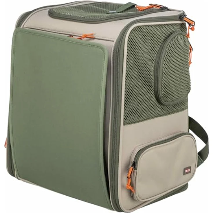 TRIXIE Rucksack Rocco, Tiertransporttasche mit ausklappbarer Liegefläche für Hunde bis 10 kg, beige/olivgrün – Bild 1
