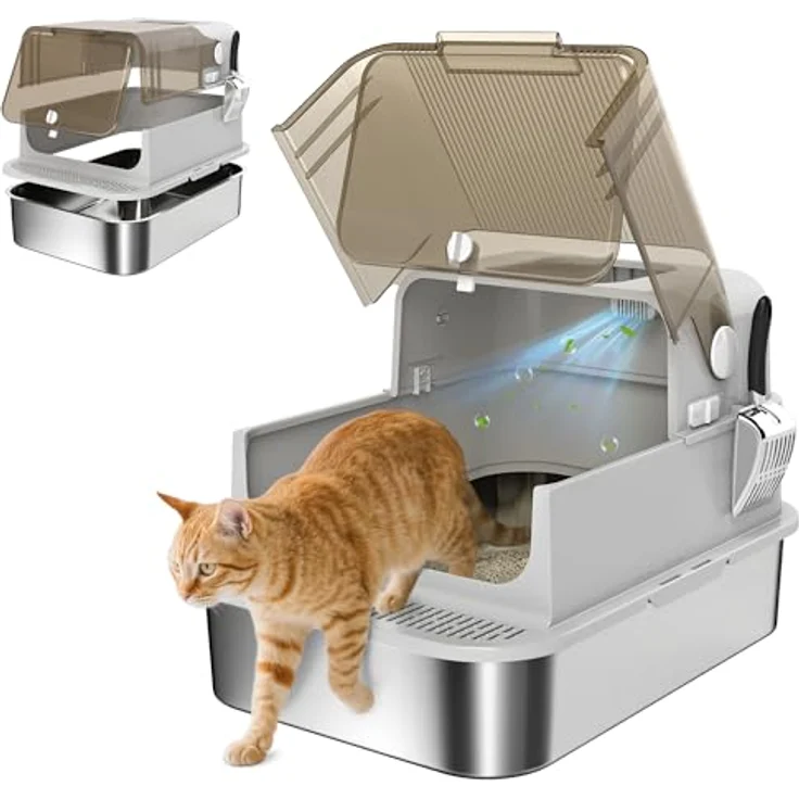PawHut XXL Katzenklo Edelstahl mit Deckel, Doppeltüren, ausziehbarem Tablett, geruchsresistent, für große Katzen bis 12 kg, 70x50x46,5cm, Grau – Bild 1