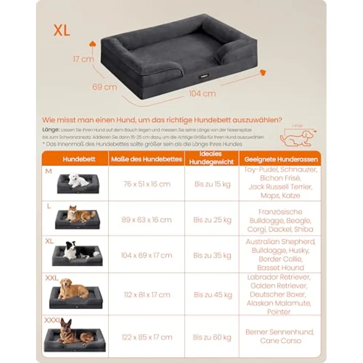 Feandrea Orthopädisches Hundebett PGW323GN01, XL Hundekissen mit erhöhter Randunterstützung, Noppenschaumstoff, abnehmbarer, waschbarer Bezug, rutschfest, schiefergrau, 104 x 69 x 17 cm – Bild 5