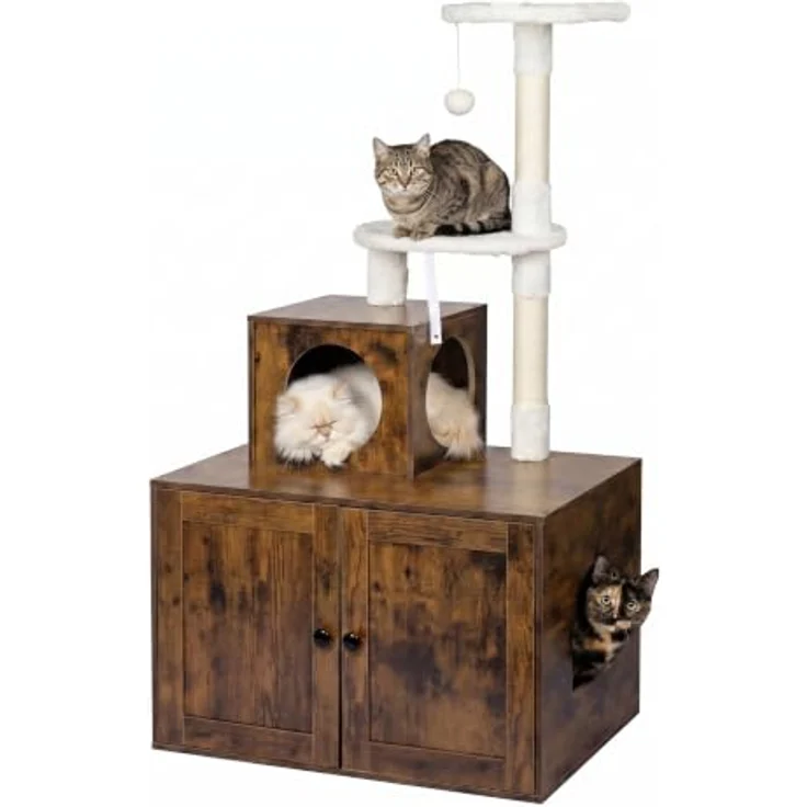 Relaxdays Kratzbaum mit Katzenkloschrank, 133x78x49 cm, Sisalstämme, Liegemulde, Holzoptik, dunkelbraun – Bild 1