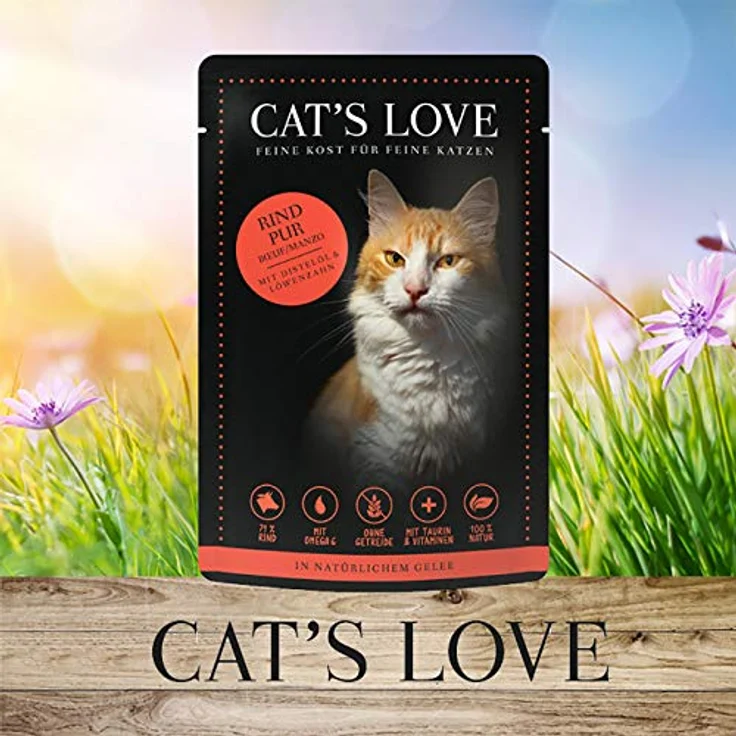 Cat's Love Nassfutter Rind Pur mit Distelöl und Löwenzahn, 12x85g, hohem Fleischanteil für ausgewachsene Katzen – Bild 2