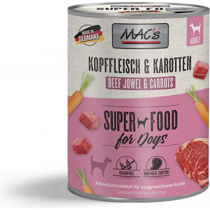 MAC's Dog Kopffleisch und Karotten, Getreidefreies Nassfutter für ausgewachsene Hunde, 12x800g