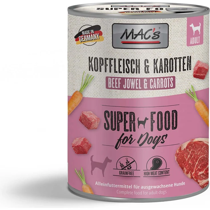 MAC's Dog Kopffleisch und Karotten, Getreidefreies Nassfutter für ausgewachsene Hunde, 12x800g – Bild 1