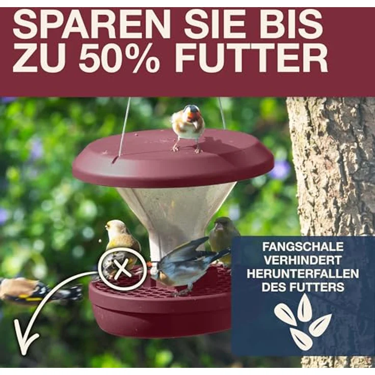SWISSINNO Davos SMART Birds Vogelfutterhaus, Rattensicher, mit Auffangschale und dualem Kammersystem, burgund – Bild 3