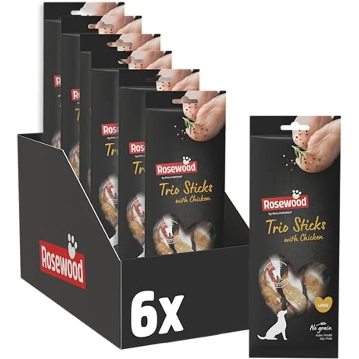 Rosewood Trio Sticks Huhn Small, Feste Kaustangen aus Rinderhaut für kleine Hunde, fördert die Zahngesundheit, ohne Getreide und Gluten, 6er Pack (6x100 g) – Bild 1