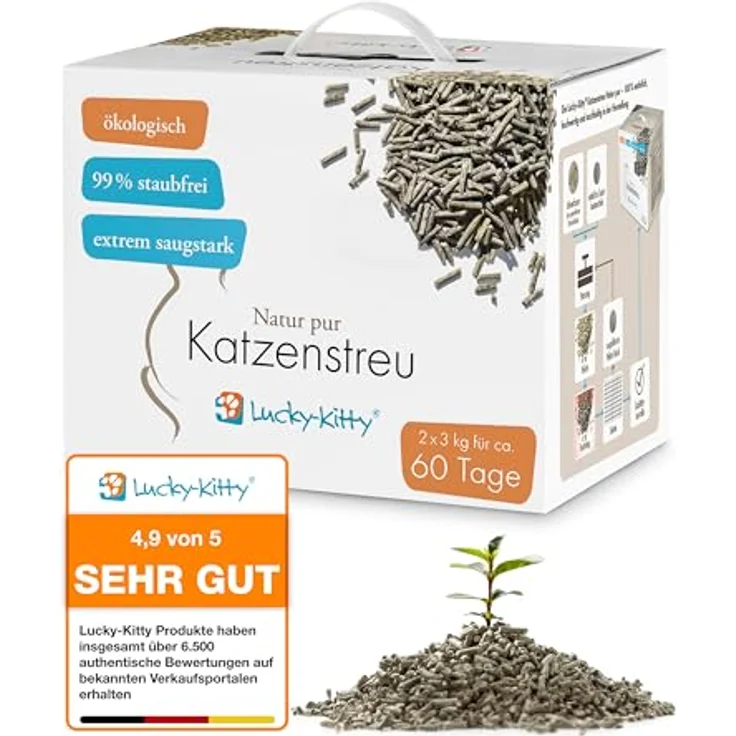 Lucky-Kitty Klumpstreu 6 kg, ökologisch, staubfrei & hochsaugfähig, geruchsneutralisierend, für Allergiker, in Toilette entsorgbar – Bild 1