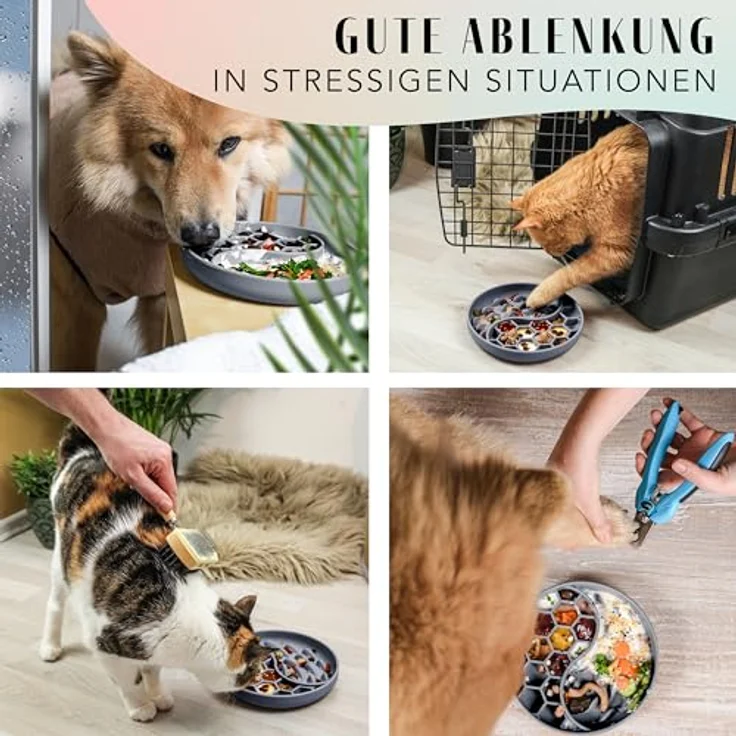 ne&no® Anti Schling Napf für Hunde und Katzen, Slow Feeder mit großem Saugnapf, Leckmatte für Nass- und Trockenfutter, grau-blau – Bild 3