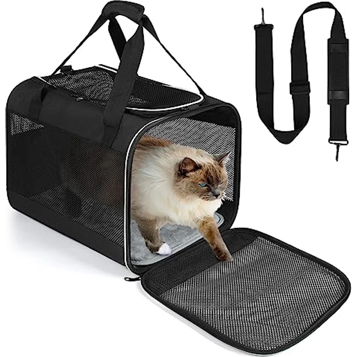 Lannvan Transportbox Katze, faltbare Katzen- und Hundebox bis 6,5kg, atmungsaktiv mit abnehmbarem Plüschpad, 45x30x30cm, Schwarz – Bild 1