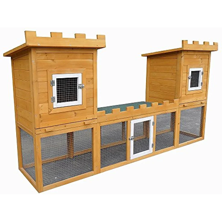 Mucola Kaninchenstall Schloss XXL 192x50x100 cm, Holz 2 Etagen mit Freilauf, witterungsbeständig, leicht zu reinigen, hellbraun – Bild 2