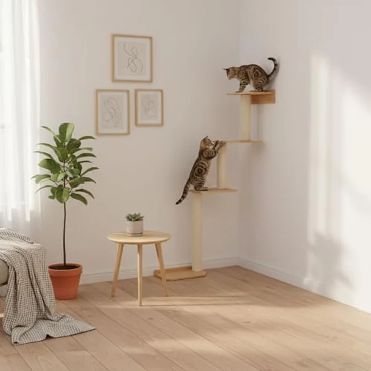 Eyepower Milo, 143 cm Wandkratzbaum mit 4 Plateaus und Sisal-Kratzsäulen zur Wandmontage, modernes Design aus massivem Bambus – Bild 6