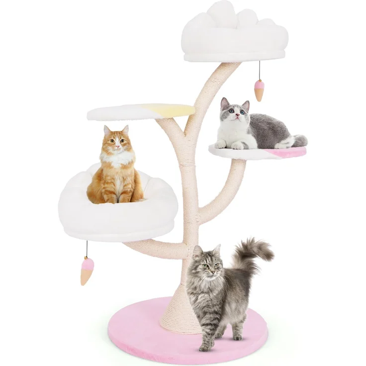 GOPLUS 123cm Katzenbaum, mehrschichtiger Kratzbaum mit Sisalstamm, 2 gepolsterten Sitzflächen, 2 Plattformen & baumelnden Bällen, rosa