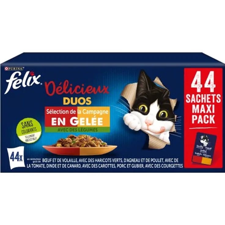 Purina Felix Leckeres Duo Maxipack, Katzensnacks, 44 x 85 g, 100% ausgewogen, ohne Farbstoffe und künstliche Aromen, mit Omega-6-Fettsäuren