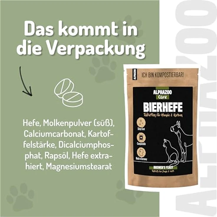 alphazoo Bierhefe Tabletten für Hunde & Katzen, 180g - natürliche Quelle für Vitamin-B-Komplex & Biotin zur Unterstützung von Haut, Fell & Krallen, ohne Zusätze – Bild 3