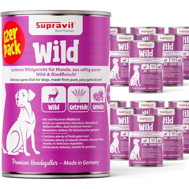 Supravit Nassfutter für Hunde, Wildfleisch-Dosenfutter mit hohem Fleischanteil, Gemüse & Nudeln, Set 12 x 410g Dosen