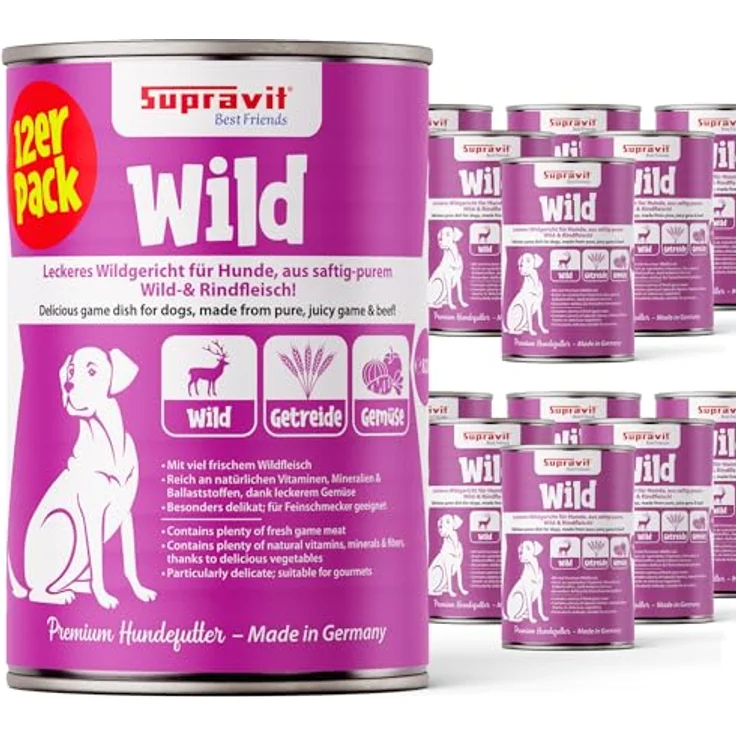 Supravit Nassfutter für Hunde, Wildfleisch-Dosenfutter mit hohem Fleischanteil, Gemüse & Nudeln, Set 12 x 410g Dosen – Bild 1