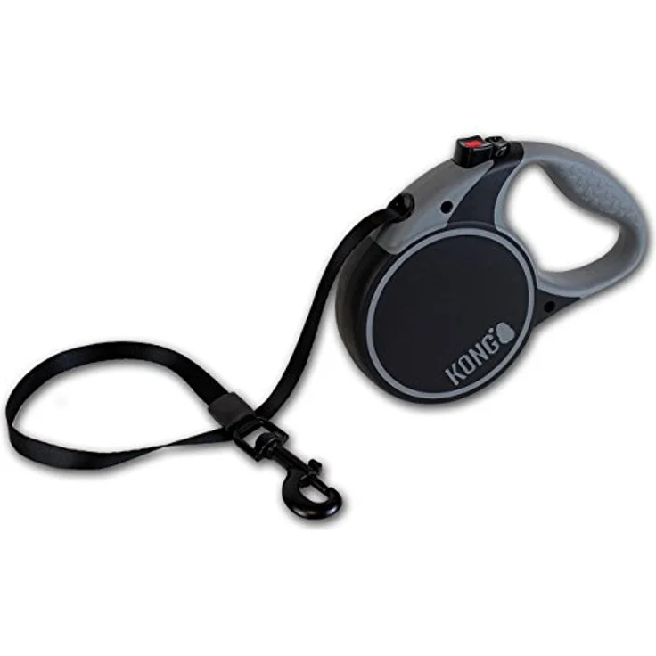 KONG Rollleine Hund 5m, Ausziehbare Leine Größe L für Hunde bis 50kg, Softgriff, reflektierender Gurt, robuste automatische Leine mit Bremse & Lock System, Schwarz – Bild 1