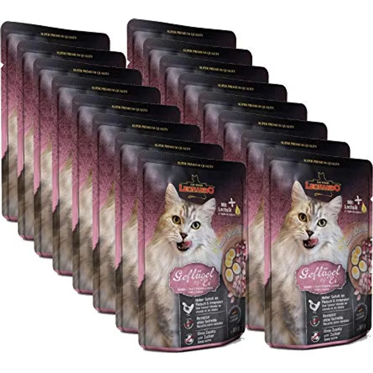 Leonardo Nassfutter für Katzen im Frischebeutel, Geflügel + Ei, 16x85g, ohne Zucker, mit Lachsöl