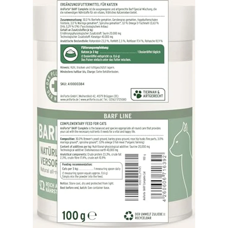 AniForte BARF Complete Cat, 100g natürliche Rundumversorgung mit Moringa, Taurin und Bierhefe, für gesunde Katzenernährung – Bild 7