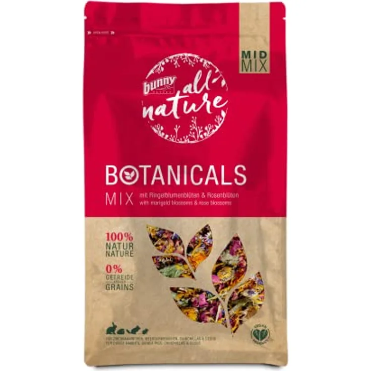 Bunny Nature BOTANICALS MID Mix, Ergänzungsfuttermittel mit Ringelblumenblüten & Rosenblüten, 130 g für Zwergkaninchen, Meerschweinchen, Chinchillas & Degus, 100% natürlich, vitaminreich