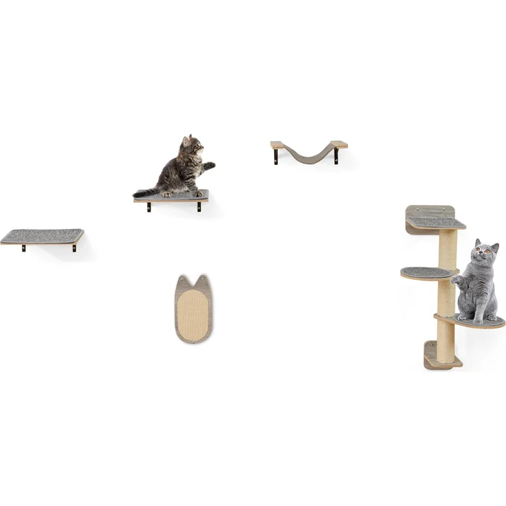 GOPLUS Katzenkletterwand Set, 4-stöckiger Wandkatzenturm aus Holz mit Kratzbrett, Hängematte & 2 Plattformen, Farbe Natur