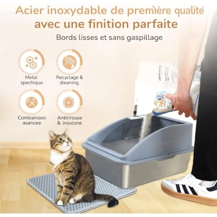 LINUMA® Edelstahl-Katzentoilette XXL, antibakterielles Katzenklo mit Deckel und Spritzschutz, leicht zu reinigen mit Katzenstreumatte und Doppelschicht Metallschaufel – Bild 4