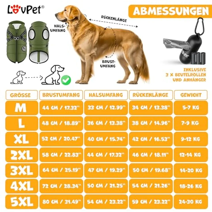 Lovpet LOVPET® Hundejacke mit Geschirr, gefütterte wasserdichte Winterweste in Khaki, inkl. 45 Kotbeutel und Spender, 5XL, gepolstert mit Reflektoren und D-Ring – Bild 2