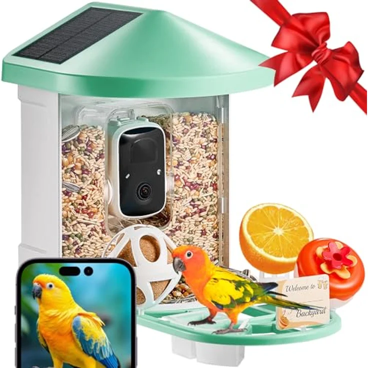 VEVOR Vogelfutterhaus mit Kamera 2K HD, KI Vogelerkennung für über 10.000 Vogelarten, solarbetrieben mit automatischer Aufnahme und Benachrichtigung, Grün – Bild 1