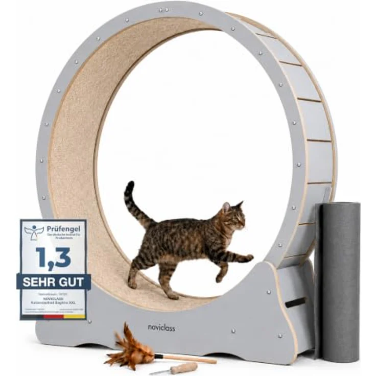 noviclass® Katzenlaufrad Baghira Groß XXL, 132 cm Durchmesser für alle Katzen, inklusive Anti-Vibrationsmatte, kurzfloriger Teppich in Grau mit beigem Teppich – Bild 1