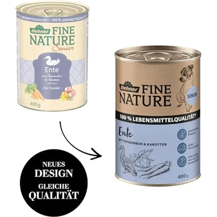 Dehner Fine Nature Hundefutter, Nassfutter in Lebensmittelqualität für ältere Hunde, Ente mit Topinambur und Karotten, 6 x 400 g Dose (2.4 kg) – Bild 4