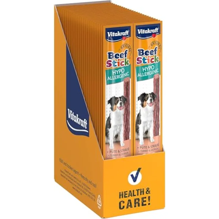 Vitakraft Beef Stick Hypoallergenic, Hundeleckerli mit Pute, Strauß, Reis und Kartoffeln, zuckerfreie Rezeptur, 50x12g